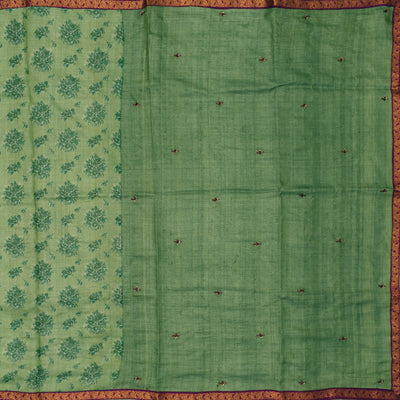 Apple Green Printed Tussar Silk Saree with Embroidery Pallu