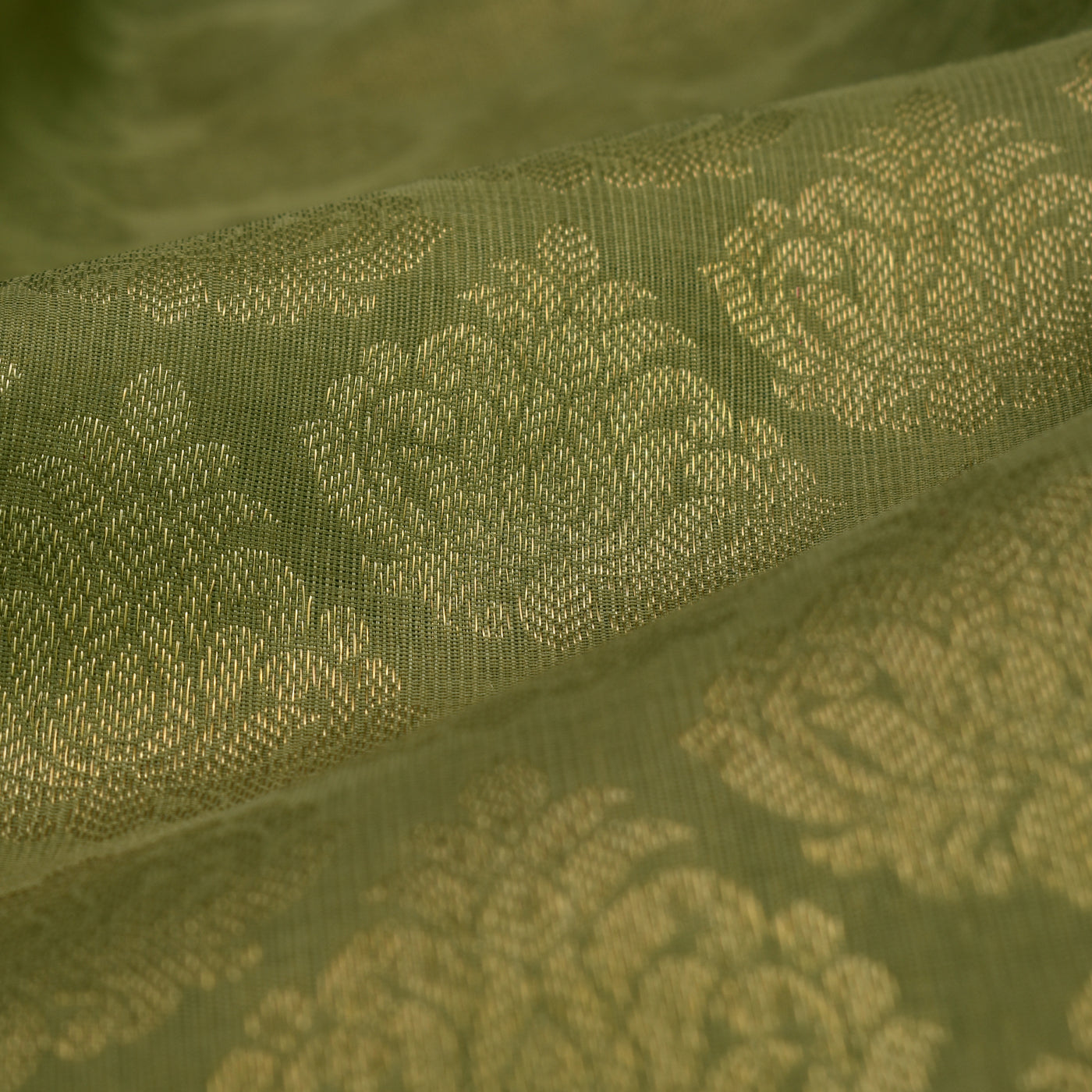 Greyish Green Kanchi Organza Silk Fabric with Medium Butta Design