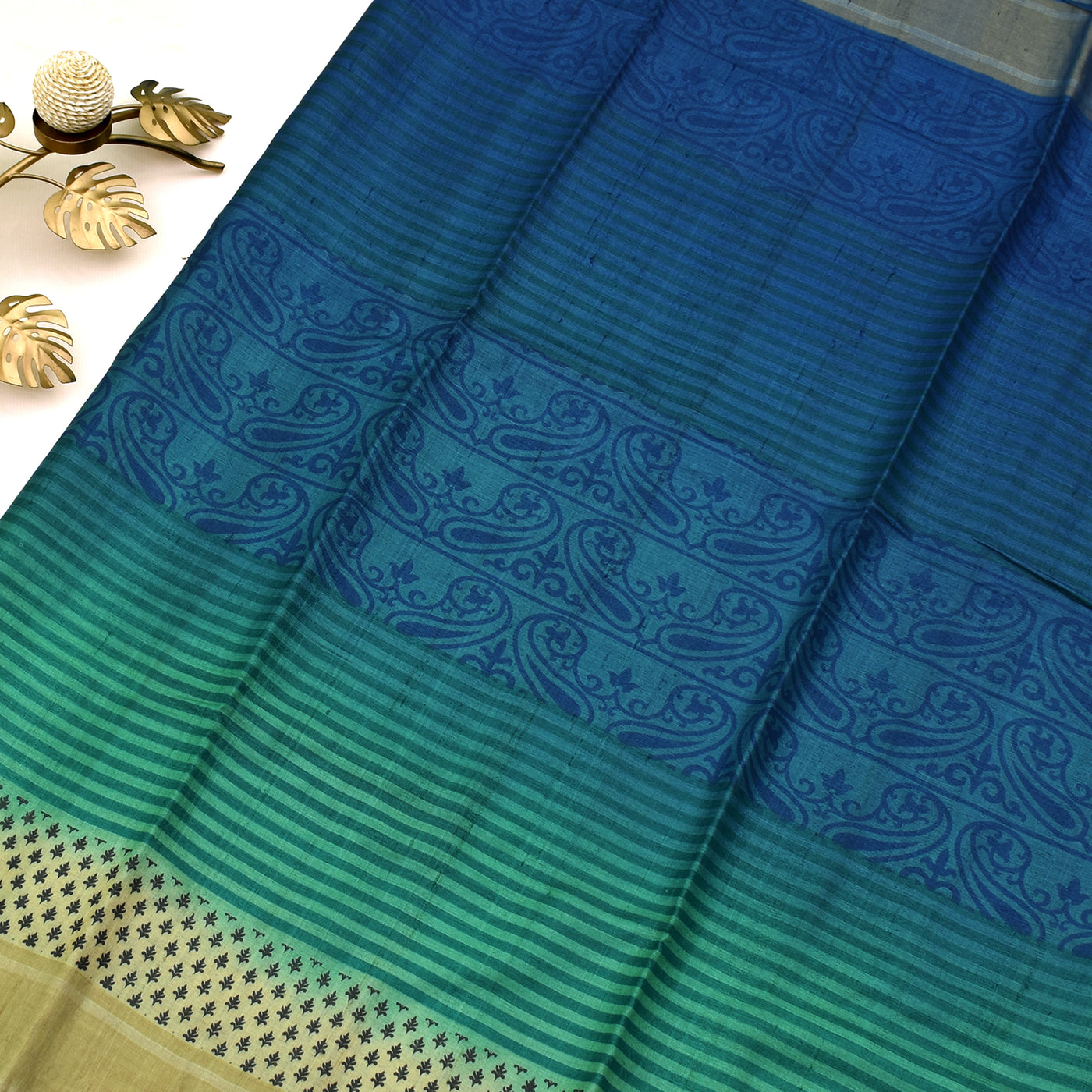 MS Blue Tussar Silk Saree with printed body
