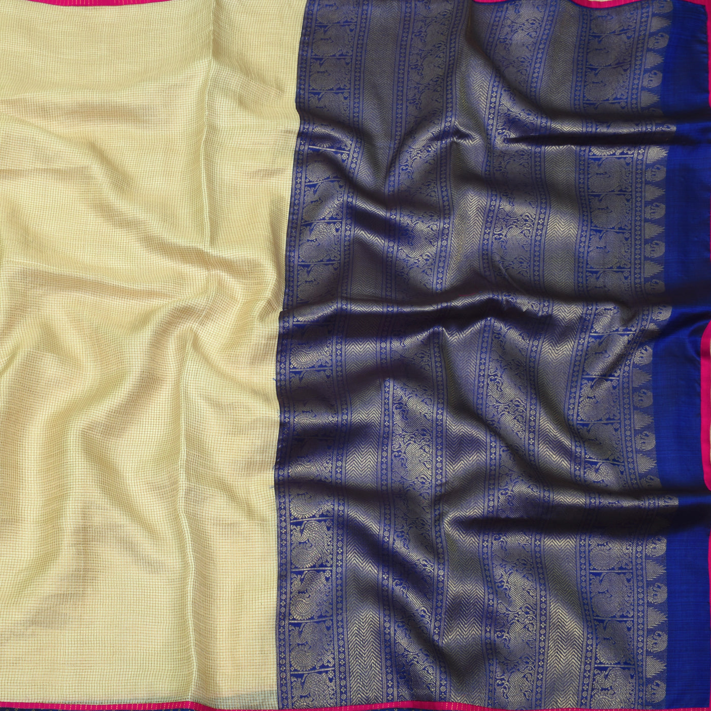Cream Zari Checked Tussar Silk Saree with MS Blue Kanchi Pallu