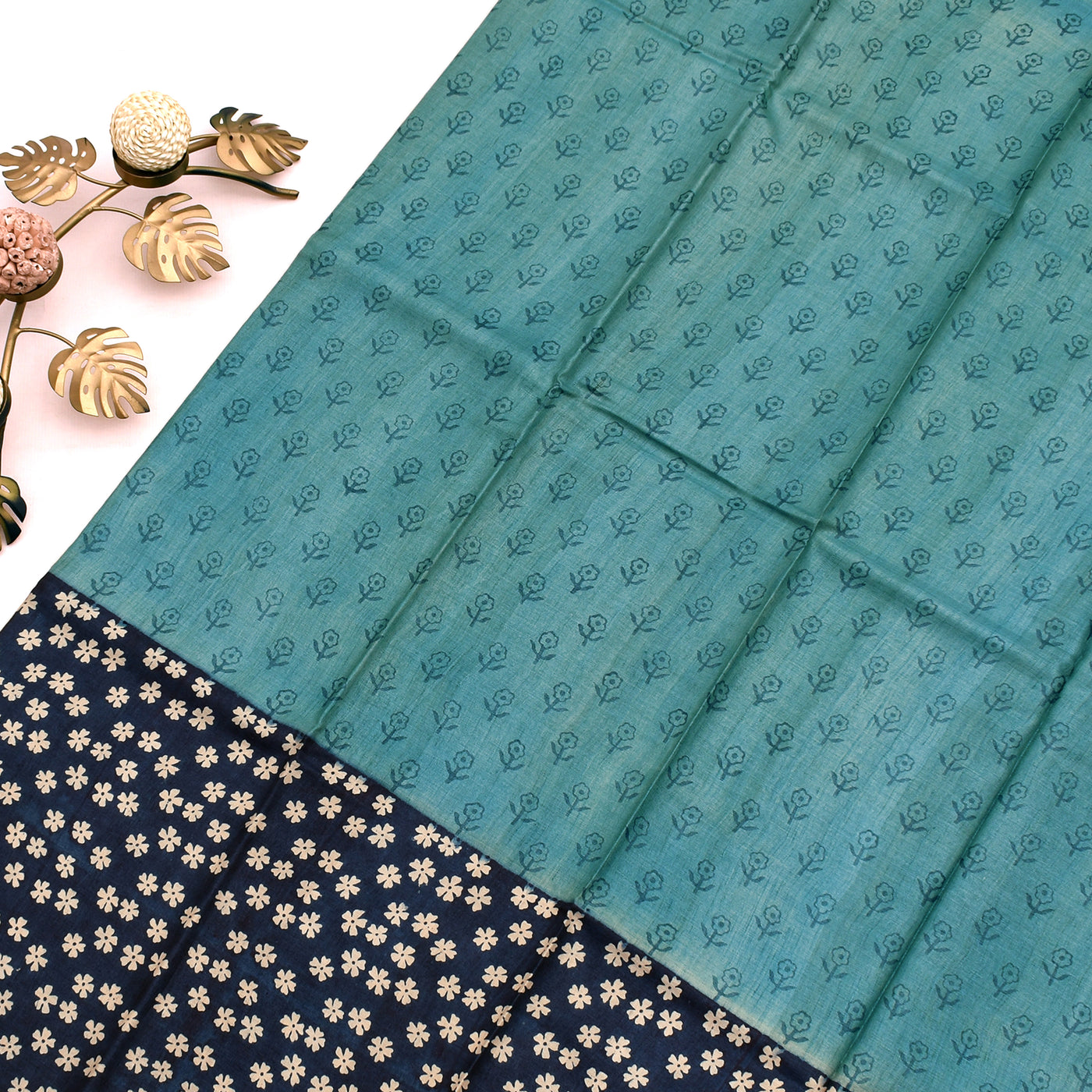 Blue Tussar Silk Saree with Small Flower Printed Design