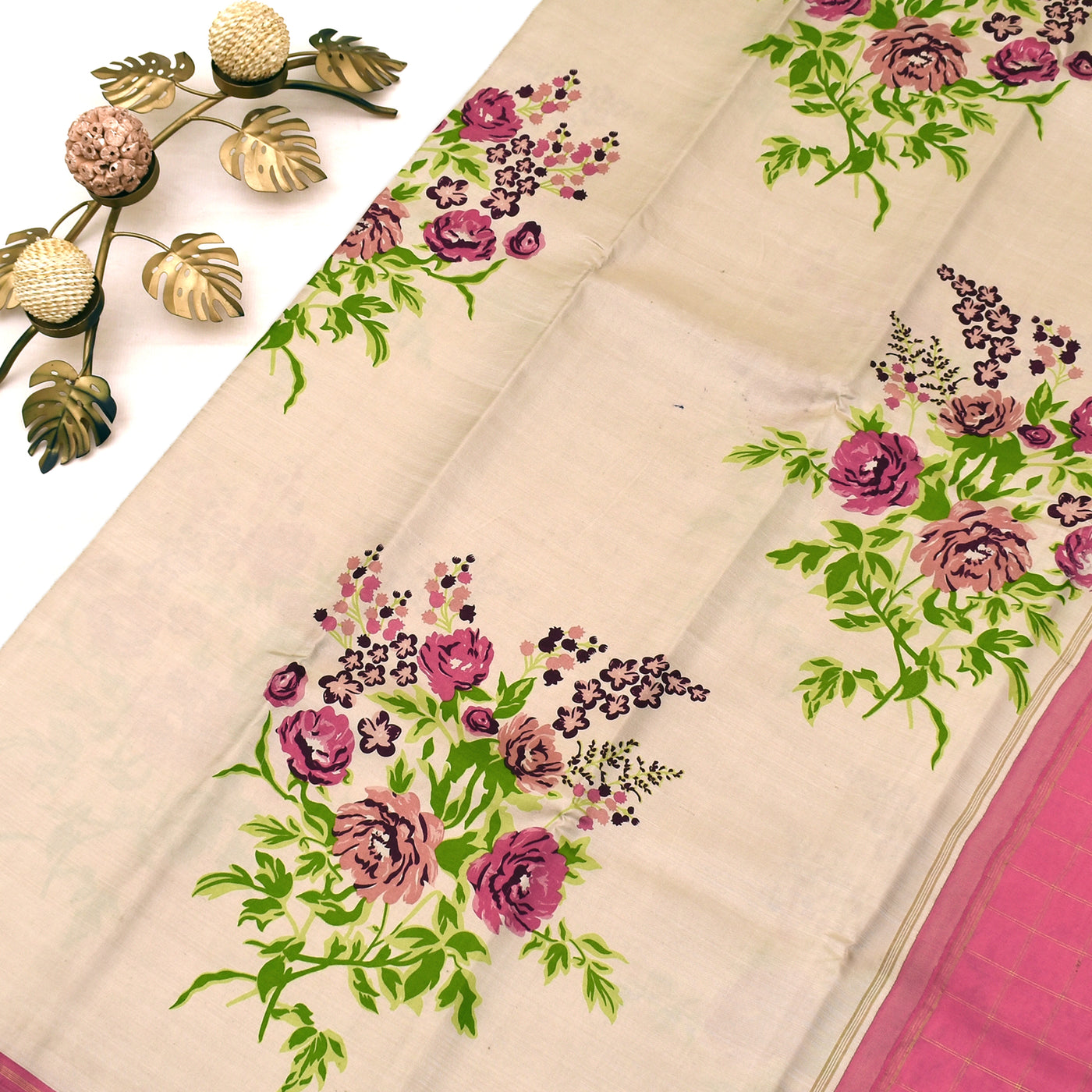 Off White Printed Kanchipuram Silk Saree with Floral Printed Design