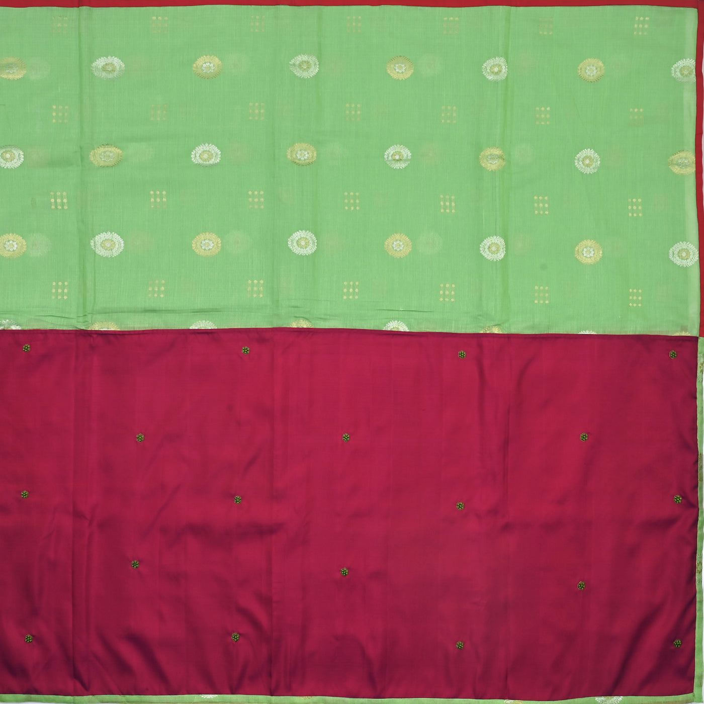 Dual Tone Red Embroidery Kanchi Silk and Apple Green Chanderi Silk Saree with Blouse