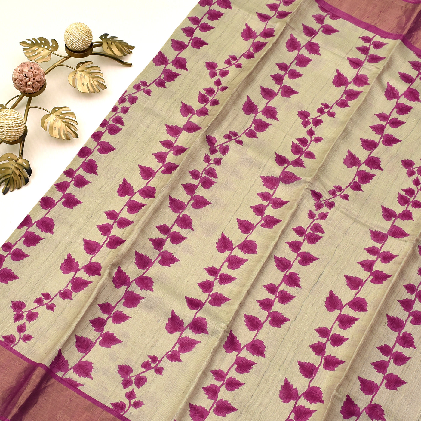 Off White Tussar Silk Saree with Leaf Printed Design