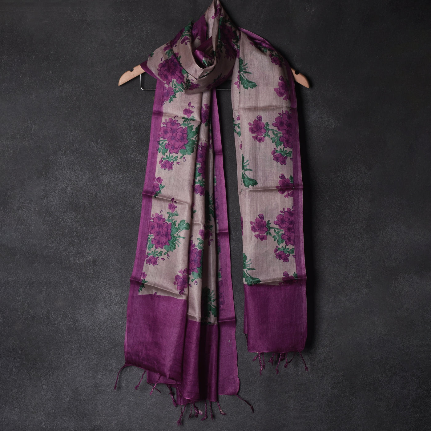 Onion Pink Tussar Silk Dupatta with Floral Printed Design