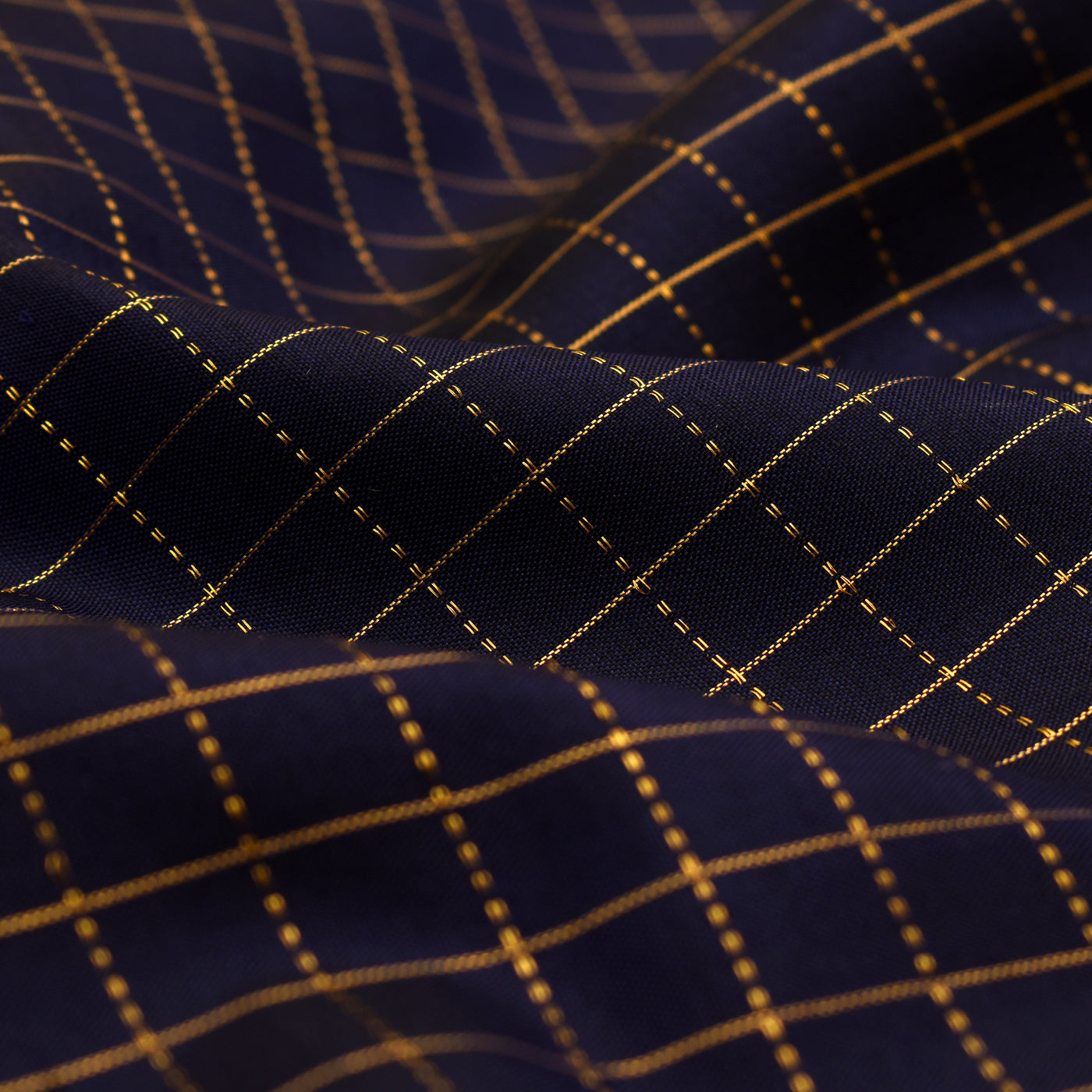 Navy Blue Kanchi Silk Fabric with Small Zari Checks Design