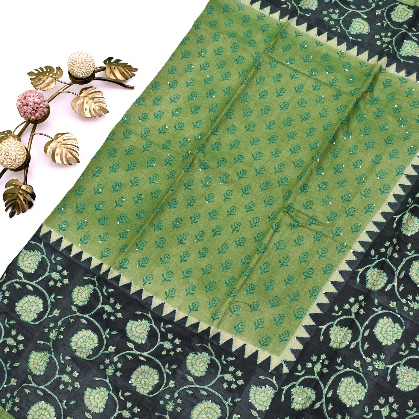 Mehanthi Green Tussar Silk Saree with Kantha Work Sequence Design