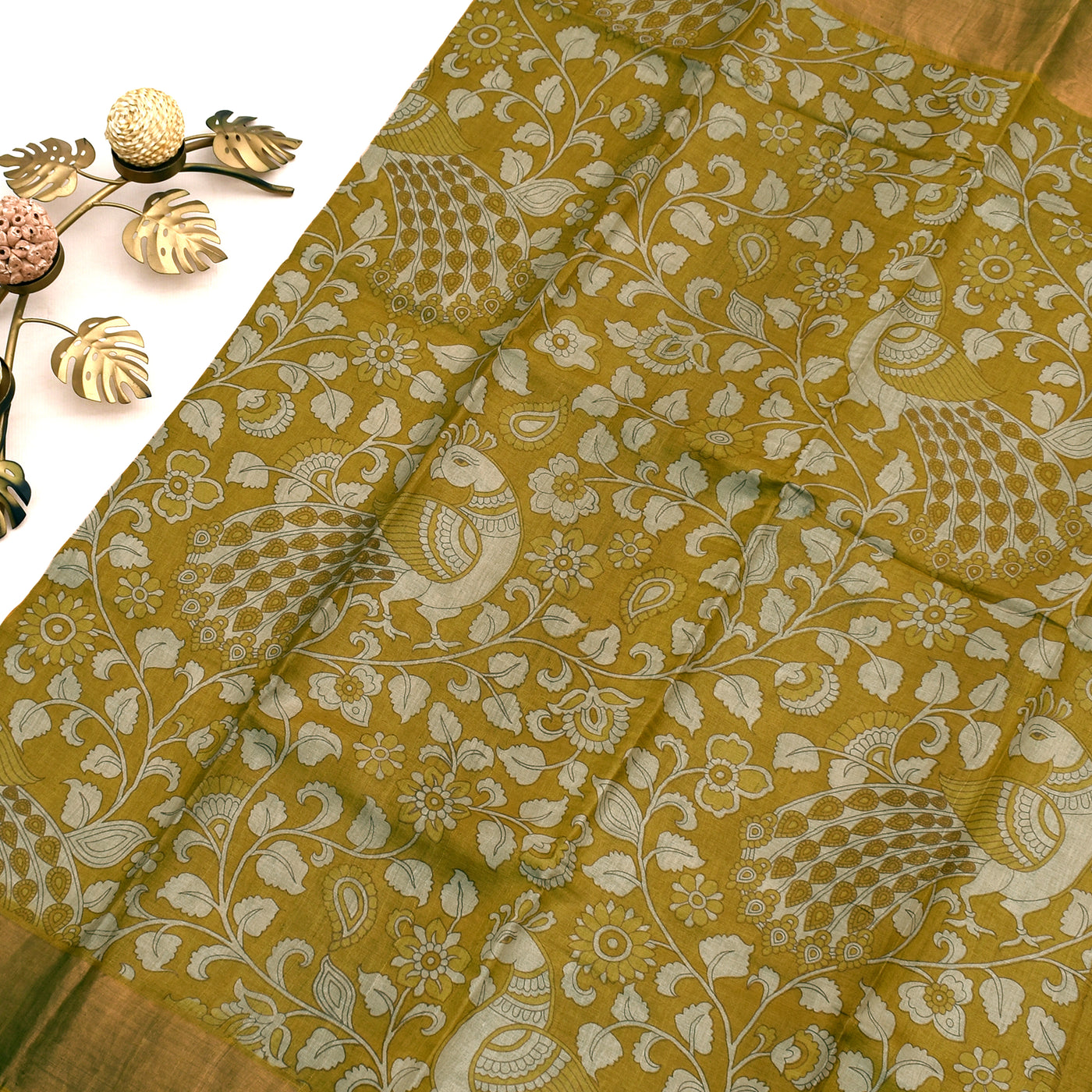 Oil Mustard Tussar Silk Saree with Kalamkari Printed Design