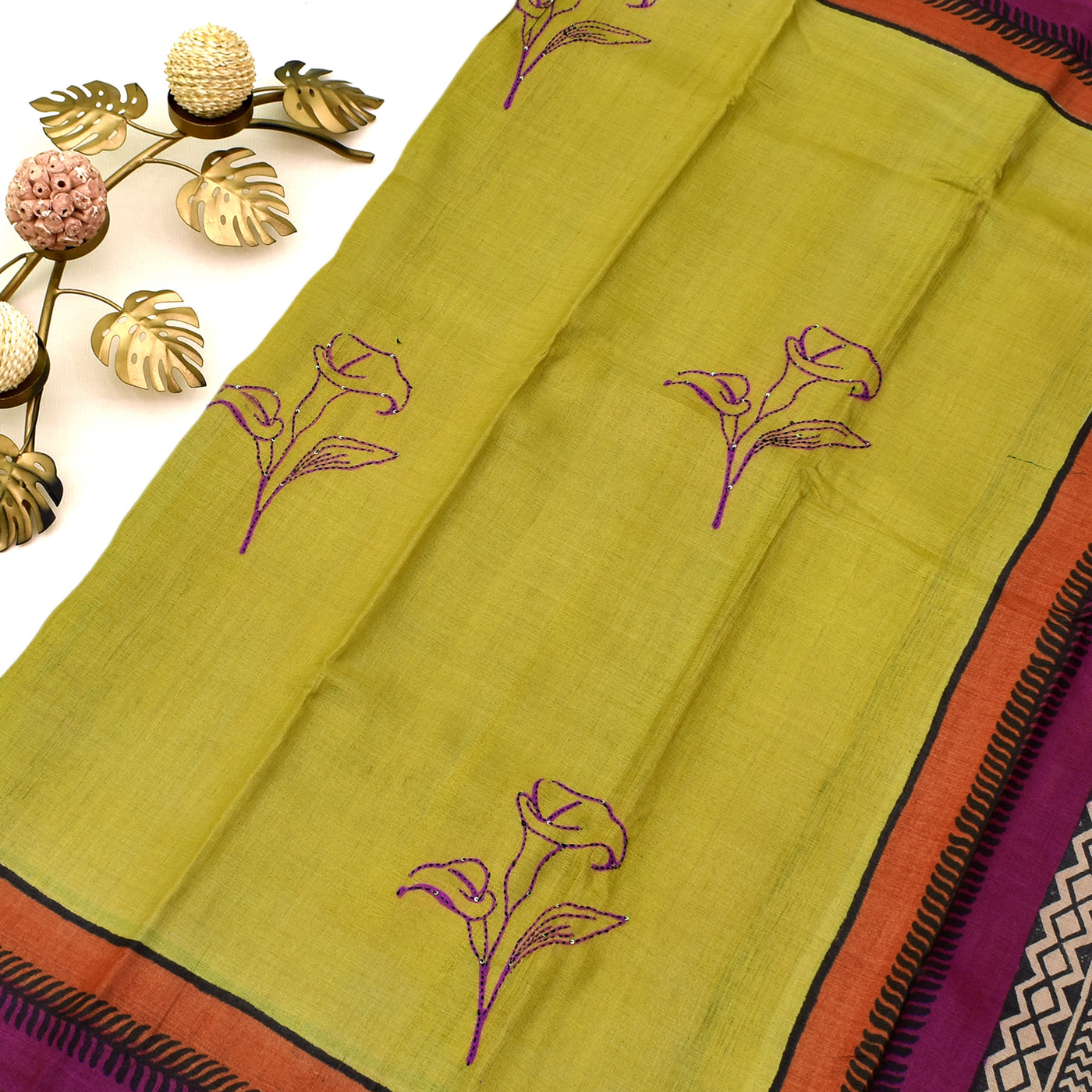 Mustard Tussar Silk Saree with kantha work designs