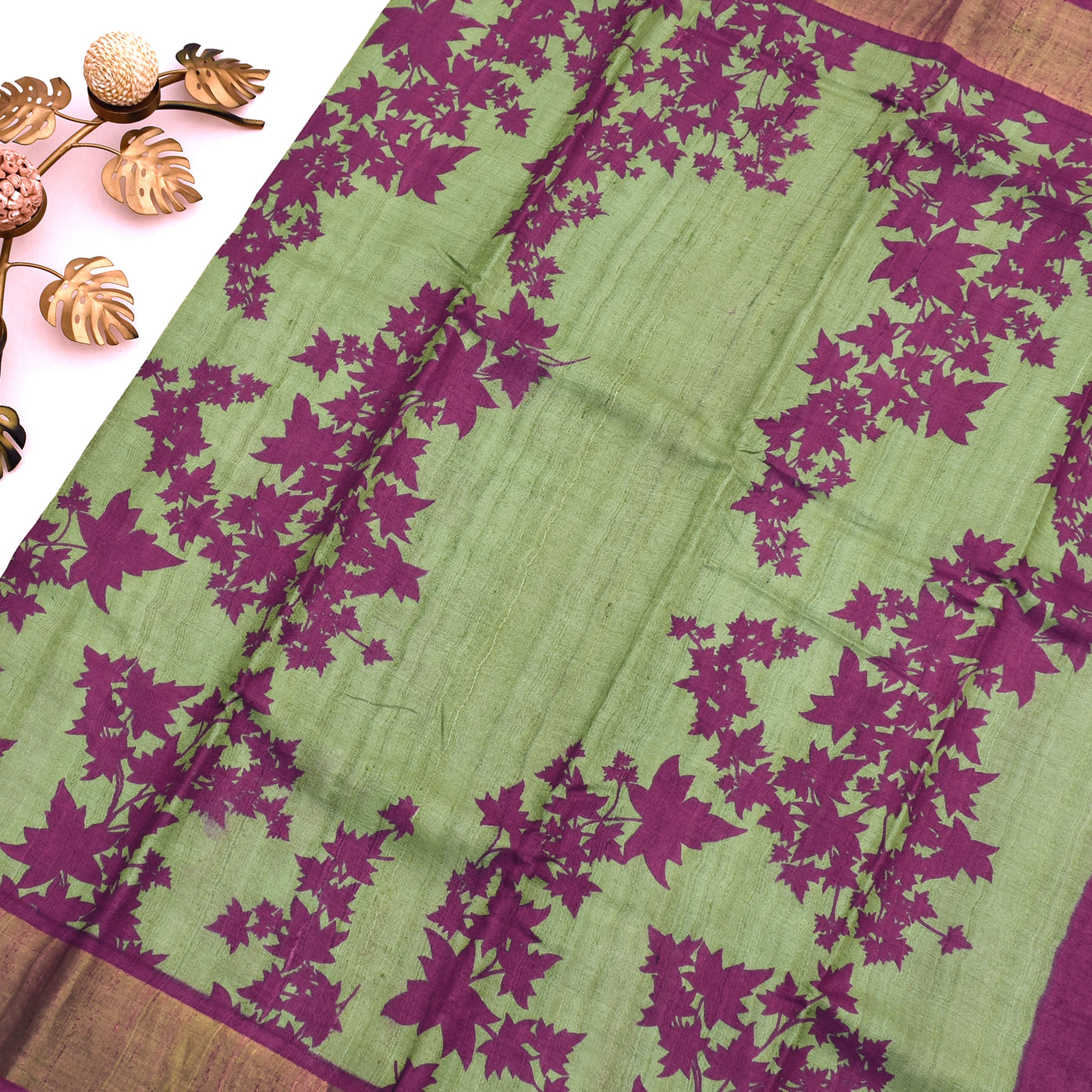 Apple Green Tussar Silk Saree with Floral Creeper Design