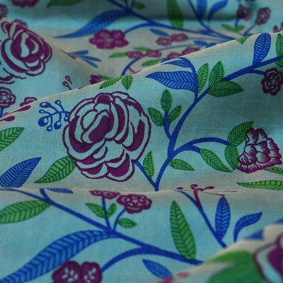 Blue Kanchi Discharge Printed Silk Fabric with Floral Print Design
