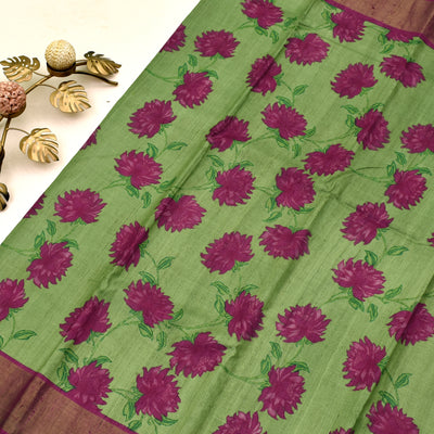 Elaka Green Tussar Printed Saree with Magenta flower design