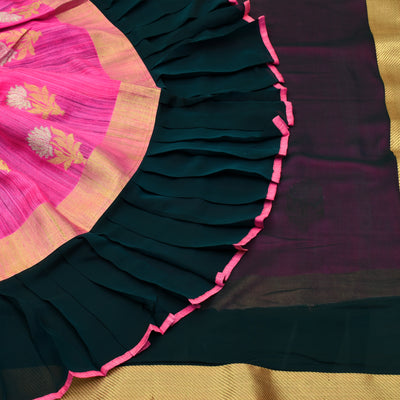 Peacock Green Georgette with Pink Frill Saree
