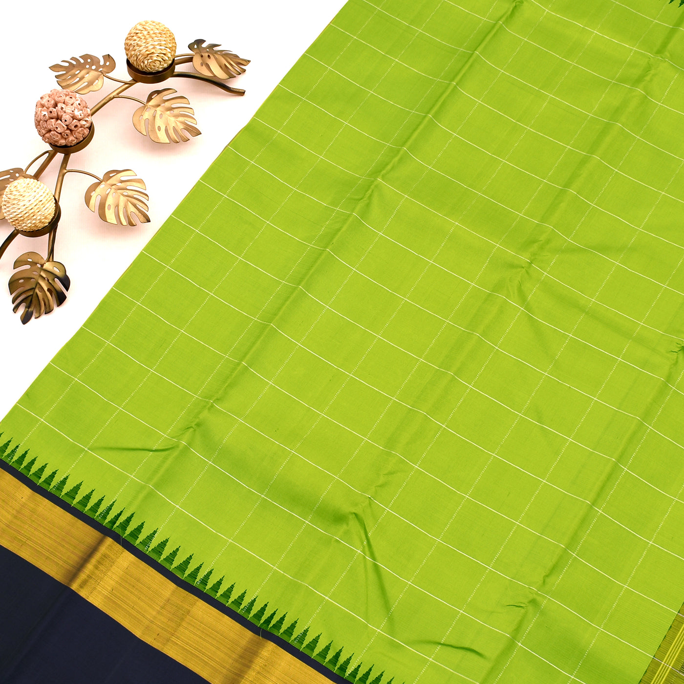 Samaga Green Kanchipuram Silk Saree with Zari Checks Design