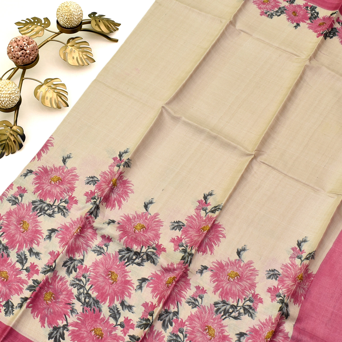 Off White Tussar Silk Saree with floral print design