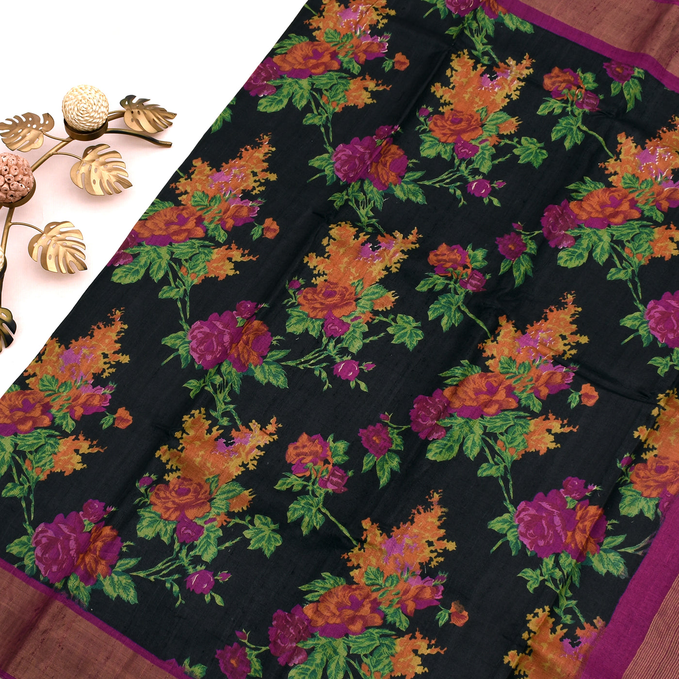 Black Tussar Silk Saree with Flower Printed Design