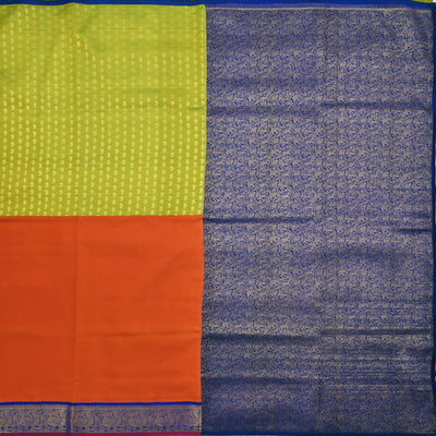 Samangha Green and Orange Kanchi Silk Saree with Ms Blue Kanchi Silk Pallu