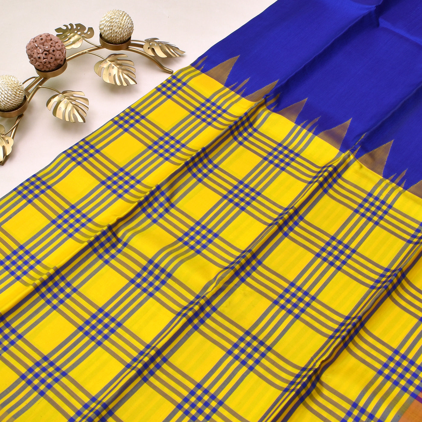 Anya Online  mustard-and-ink-blue-half-and-half-kanchi-silk-saree-with-rose-blouse