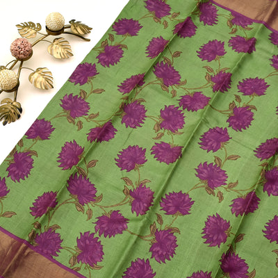 Apple Green Tussar Silk Saree with floral design