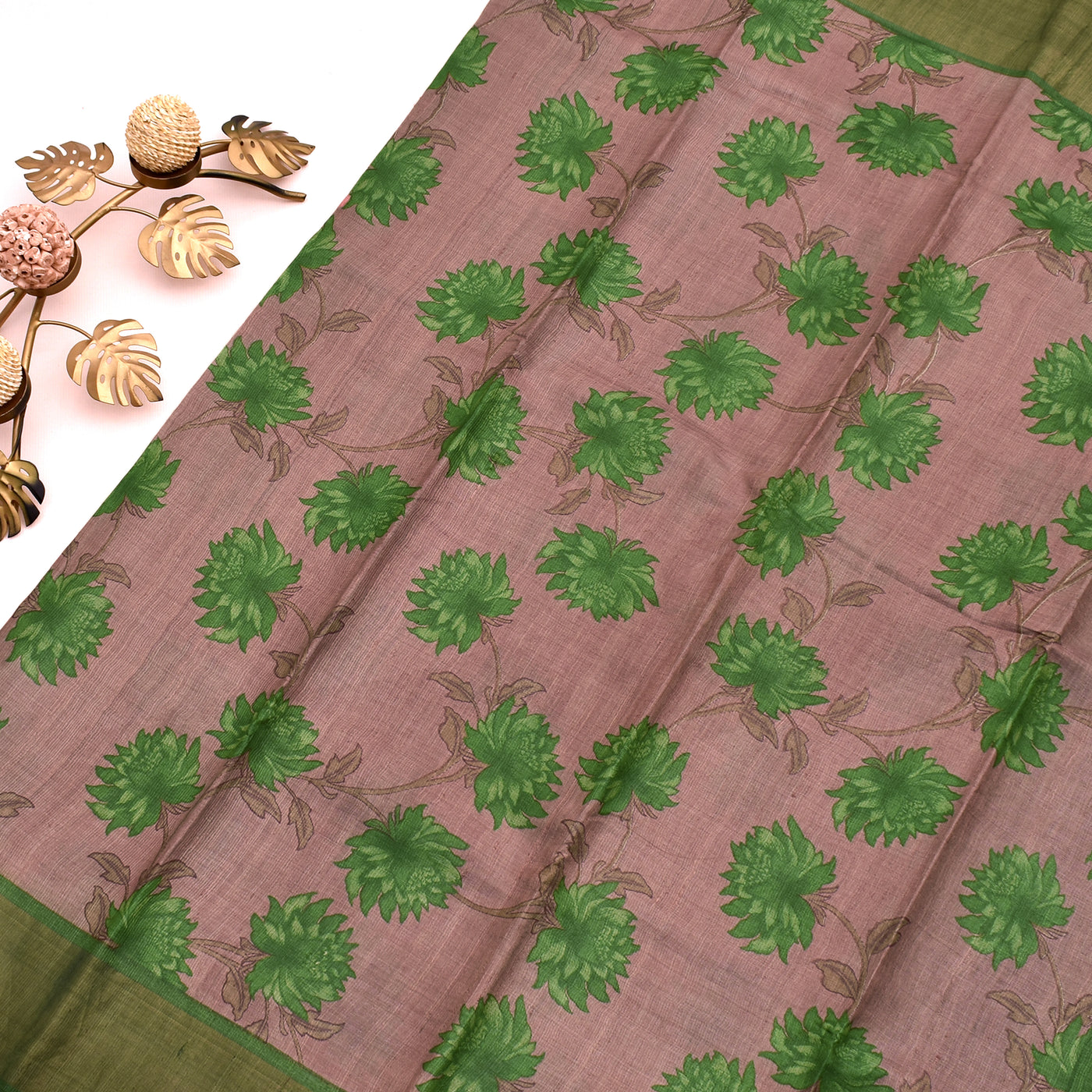 Onion Pink Tussar Silk Saree with Big Flower Printed Design
