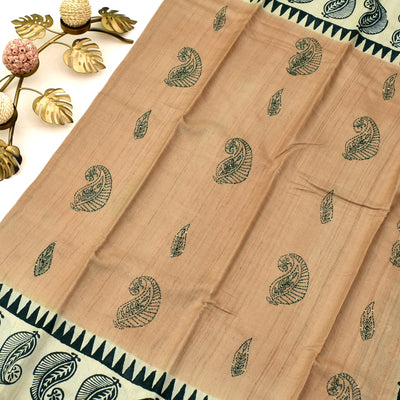 Light Peach Tussar Silk Saree with Kantha work designs