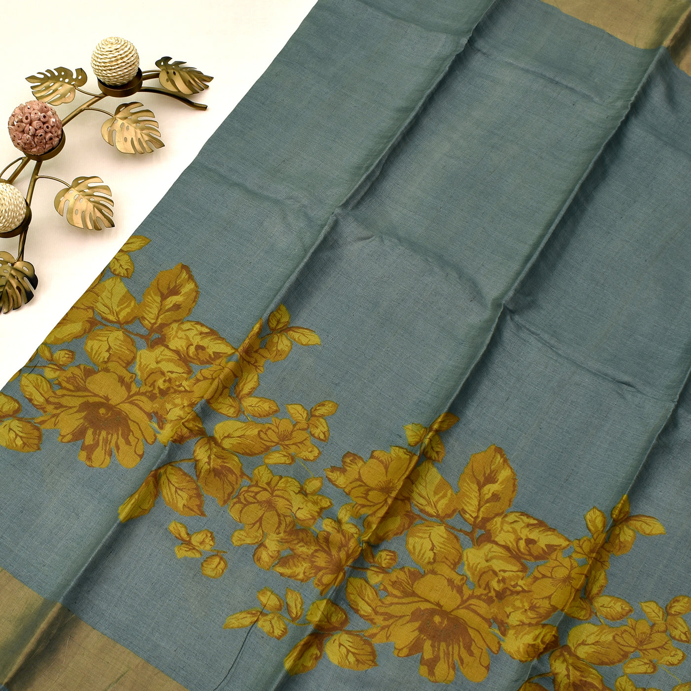 Grey Tussar Silk Saree with floral printed design
