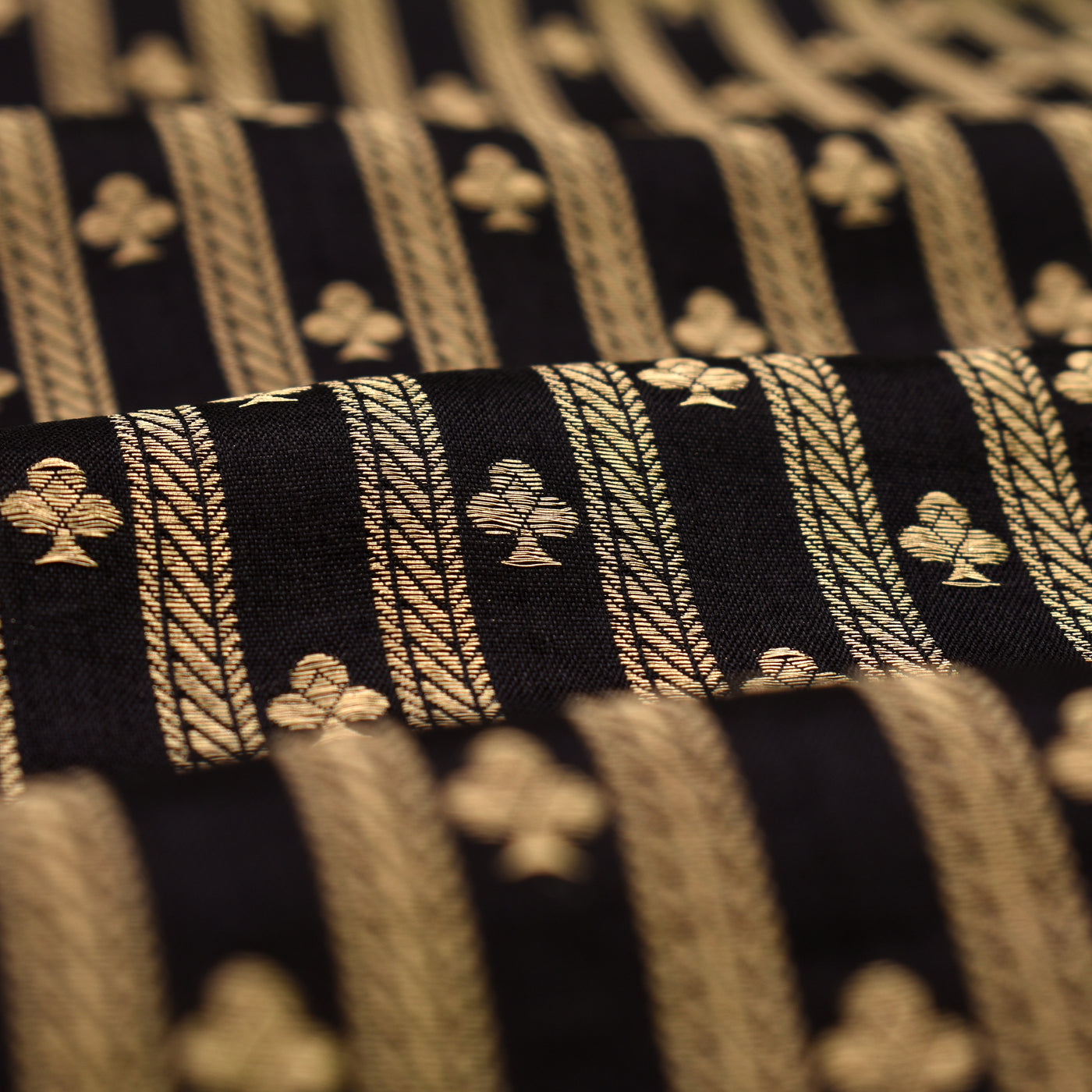 Black Banarasi Silk Fabric with Small Zari Butta and Stripes Design