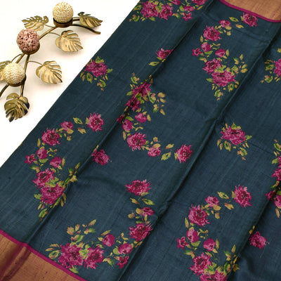 Blue Tussar Silk Saree with floral printed design