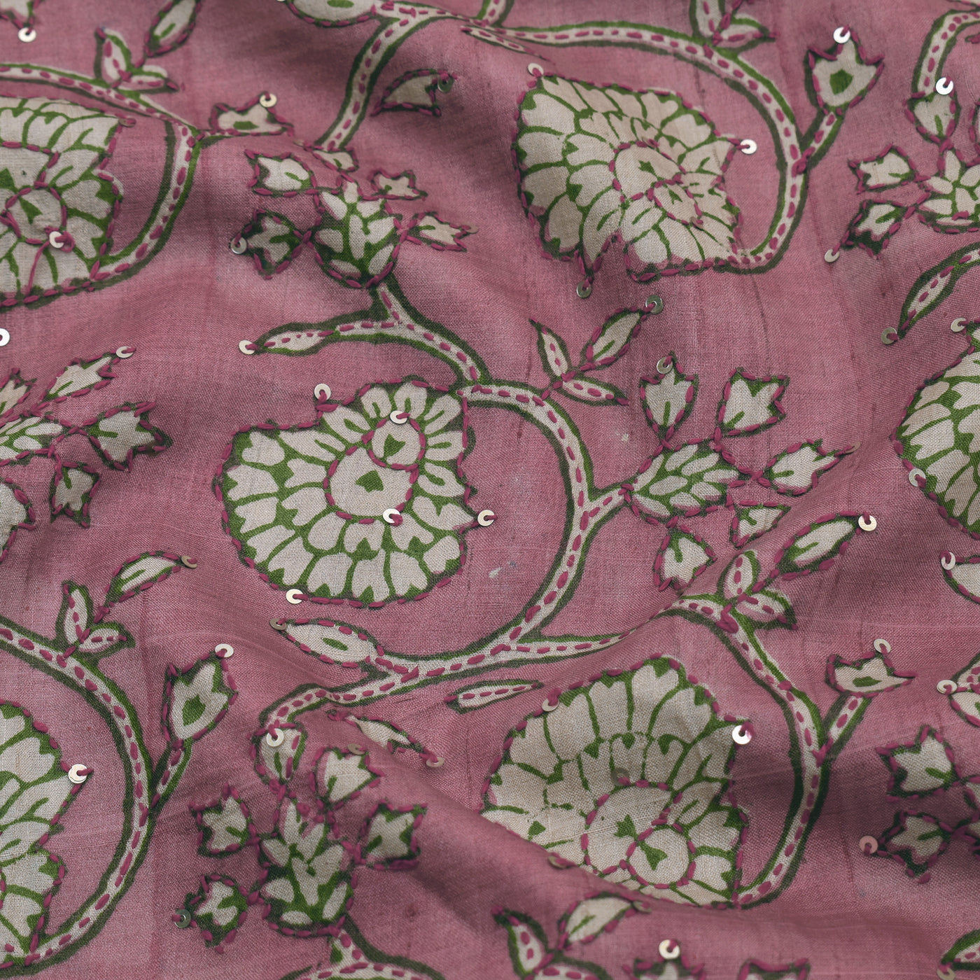 Onion Pink Tussar Fabric with Kantha Work Design