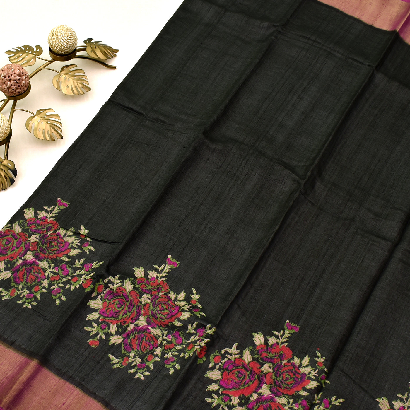 Black Tussar Silk Saree with discharge print designs