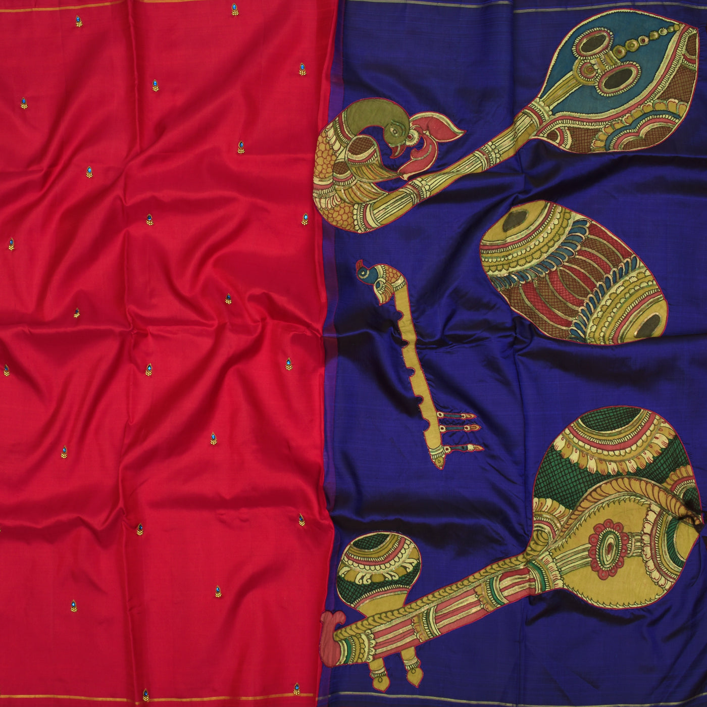 Red Embroidery Silk Saree with Kalamkari Applique