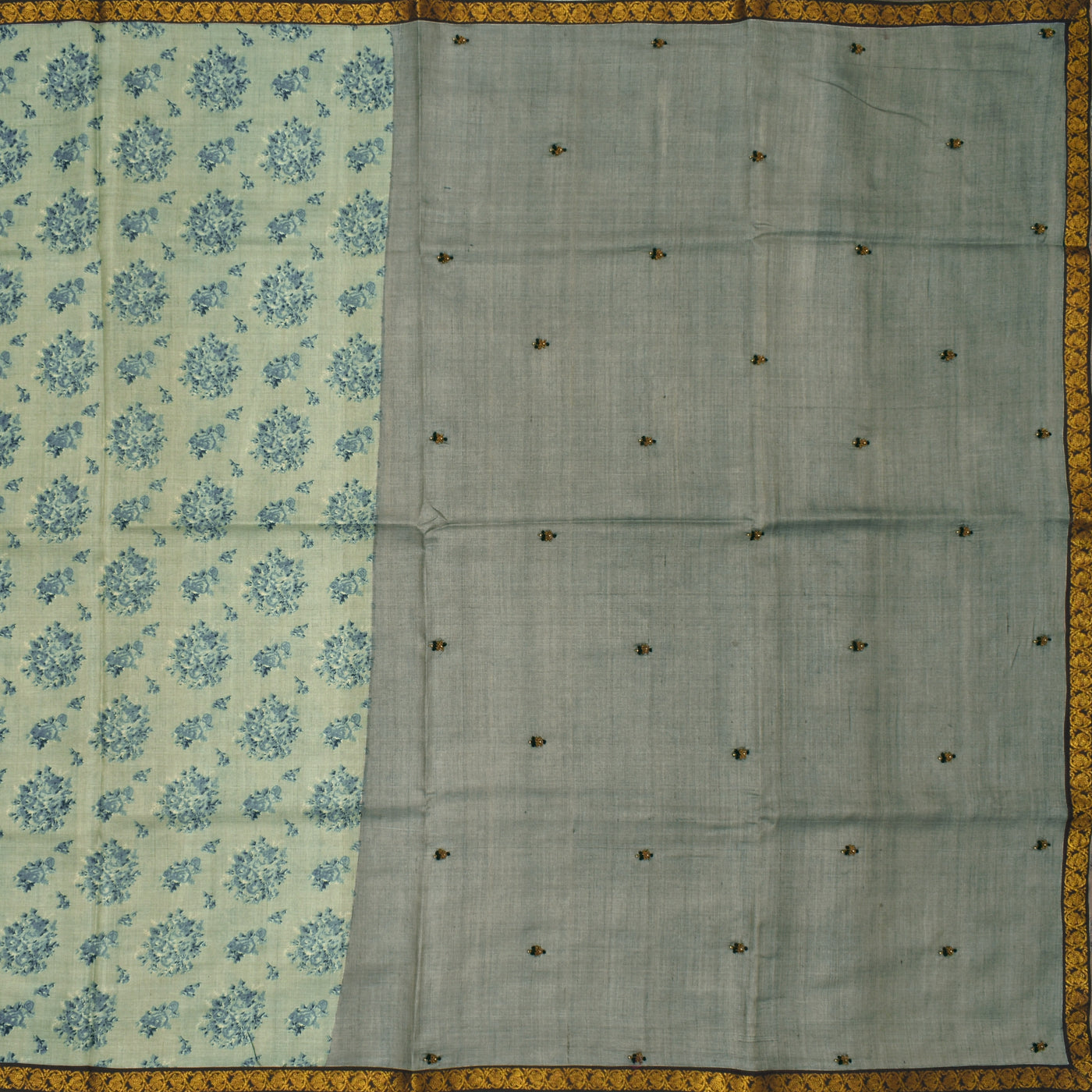 Grey Printed Tussar Silk Saree with Embroidery Pallu