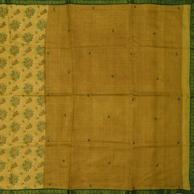Mustard Printed Tussar Silk Saree with Embroidery Pallu