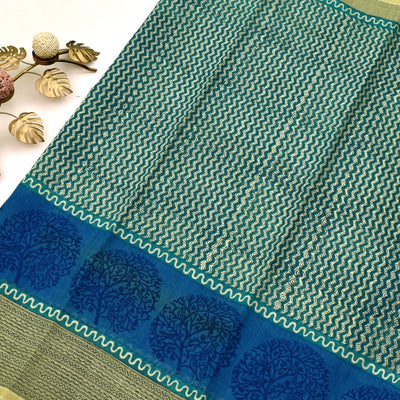 Blue Tussar Silk Saree  with printed design 
