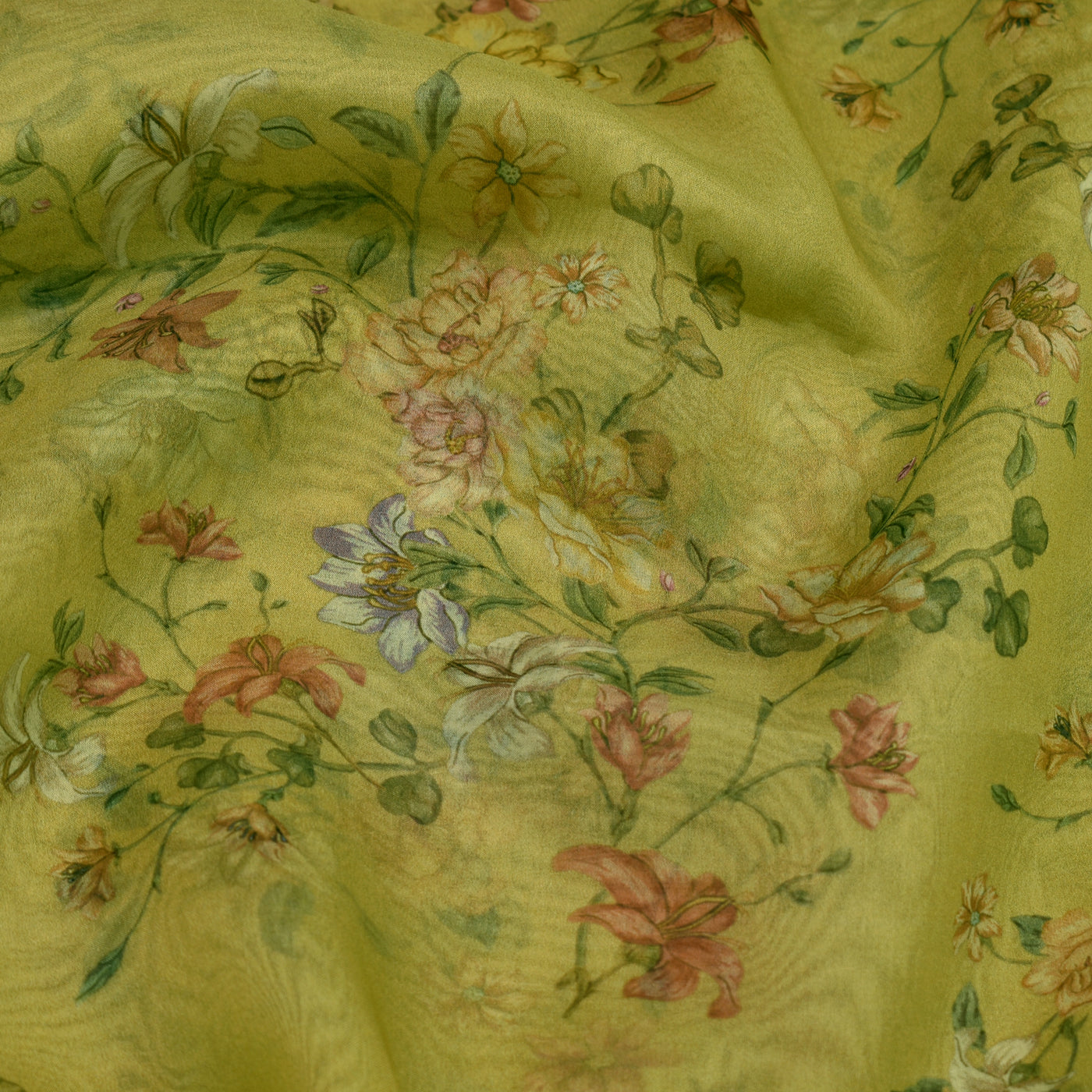 Oil Mustard Organza Fabric with Floral Design