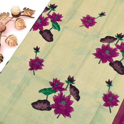 Off White Printed Kanchi Silk Saree with Big Lotus Butta Design