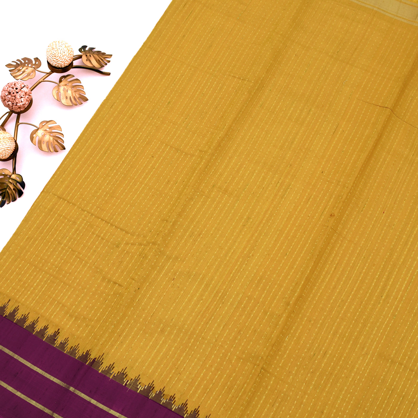 Mustard Tussar Silk Saree with Stripes and Dots Design