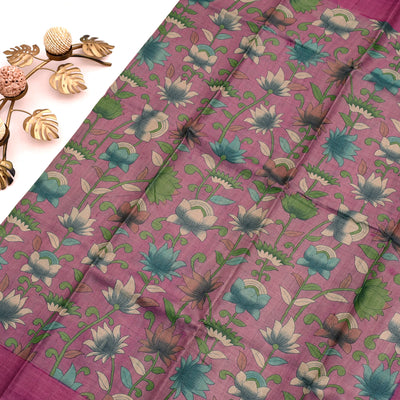 Onion Pink Tussar Silk Saree with Lotus Printed Design