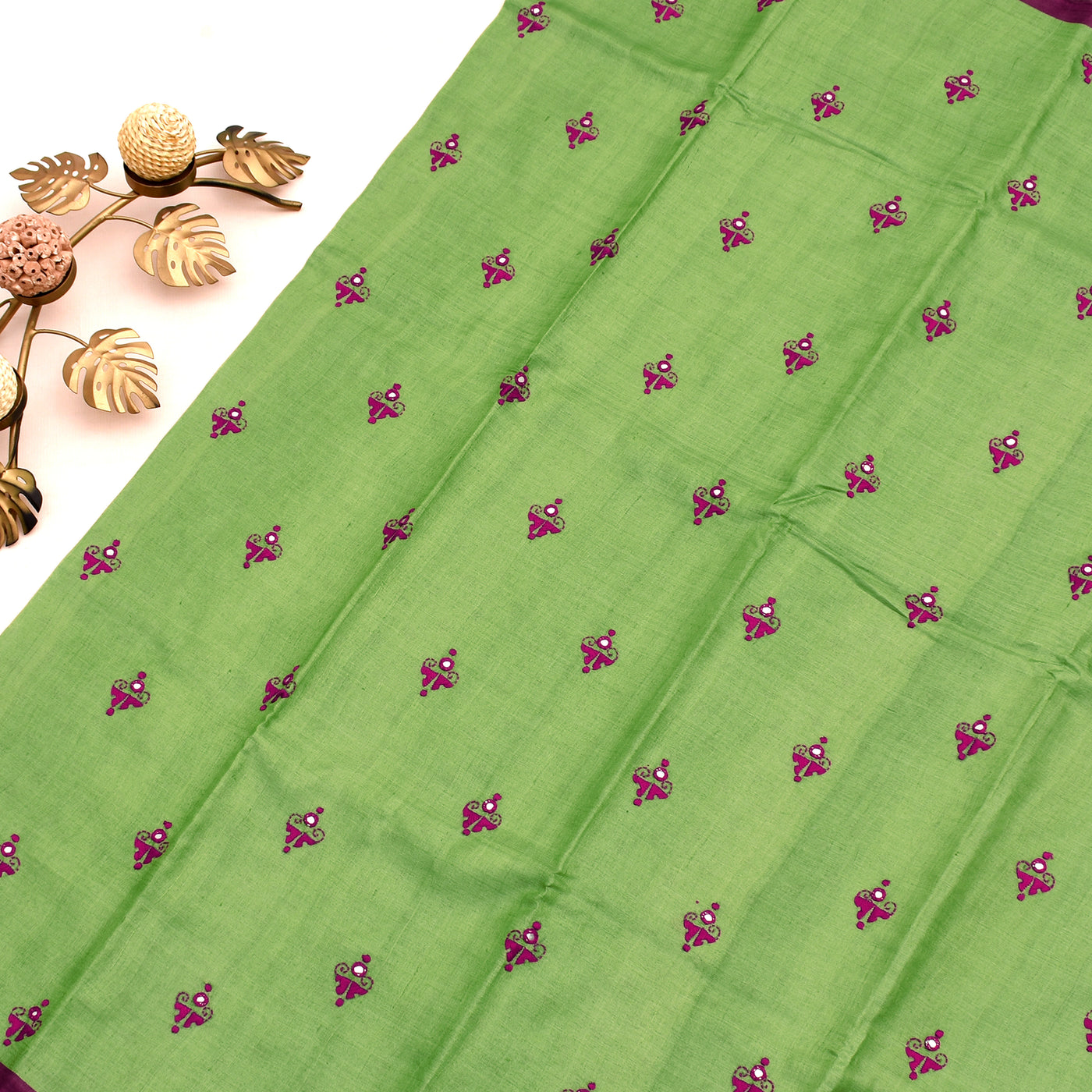 Apple Green Tussar Silk Saree with Mirror Embroidery Printed Design