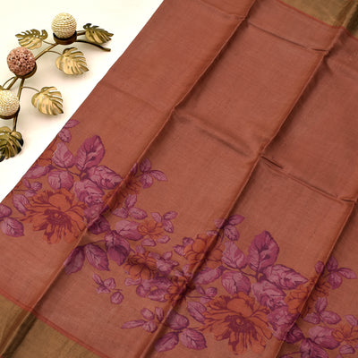 Rust Tussar Silk Saree with floral printed design
