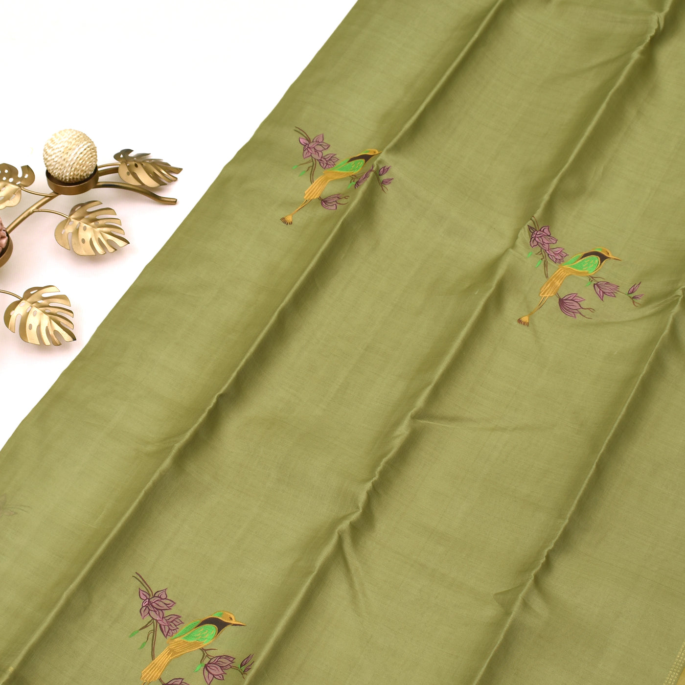 Greenish Beige Hand Painted Kanchi Silk Saree