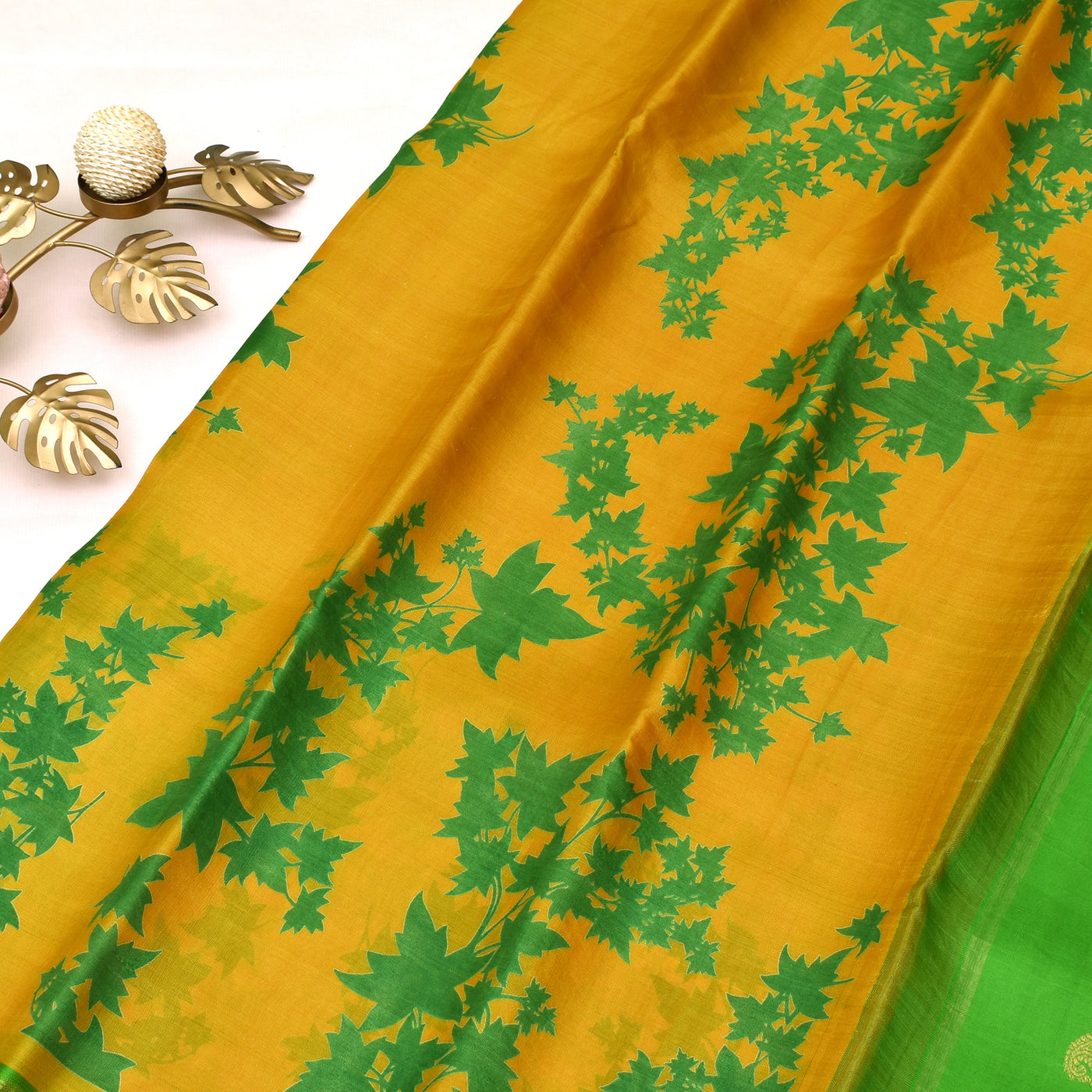 Mustard Printed Organza Kanchi Silk Saree with Green Blouse