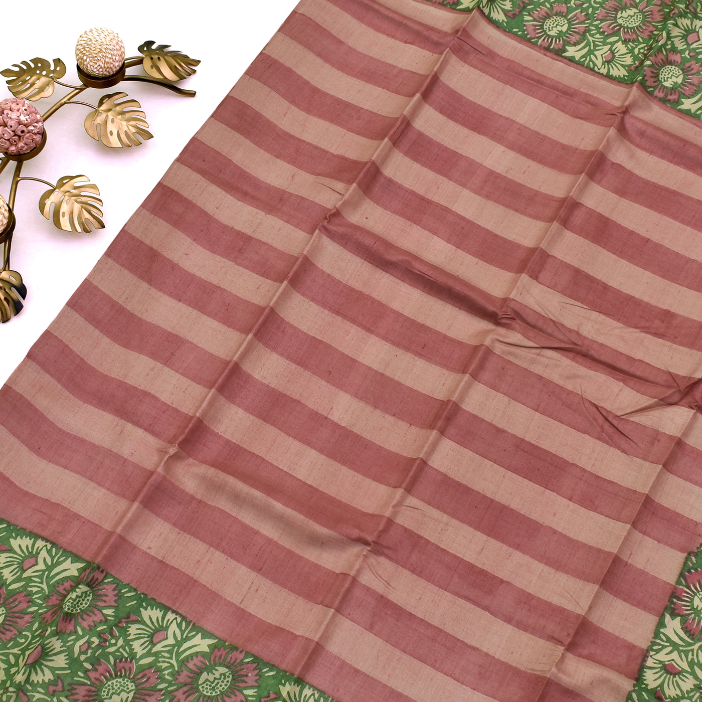 Onion Pink Tussar Silk Saree with Stripes Design