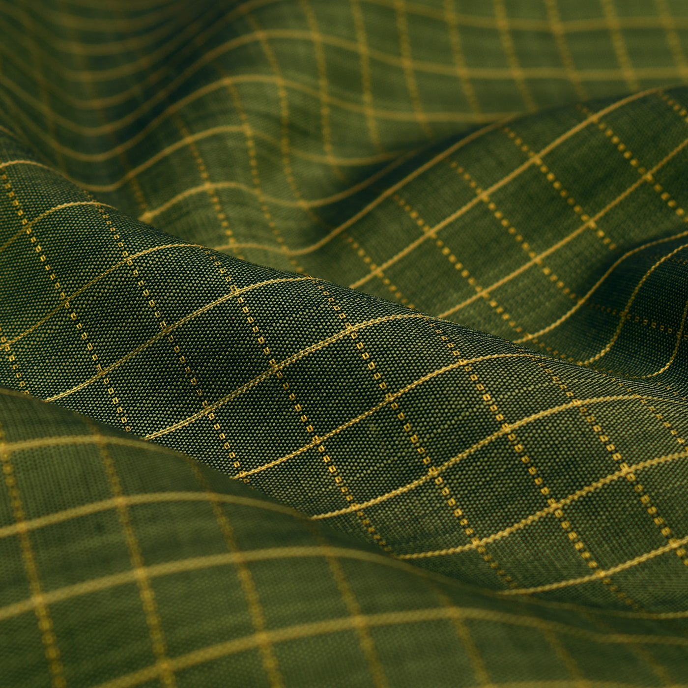 Mehandi Green Kanchi Silk Fabric with Small Checked Design