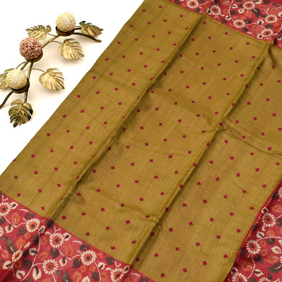 Oil Mustard Tussar Silk Saree with Kutch work designs