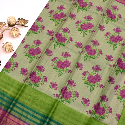 Apple Green Tussar Silk Saree with Floral Print Design
