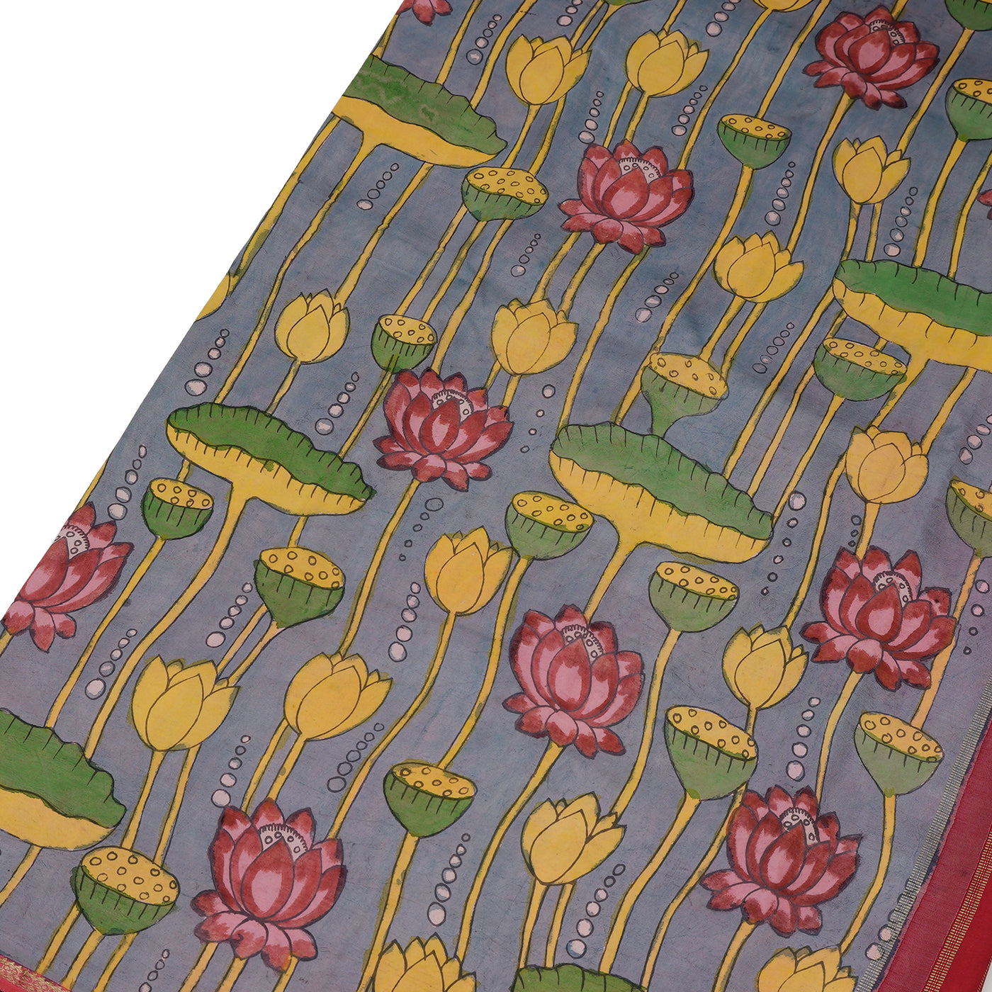 Grey Pen Kalamkari Silk Saree with Lotus Design
