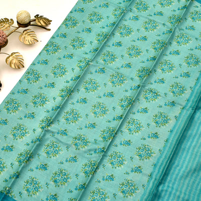 Blue Tussar Printed Saree with Floral Printed Design