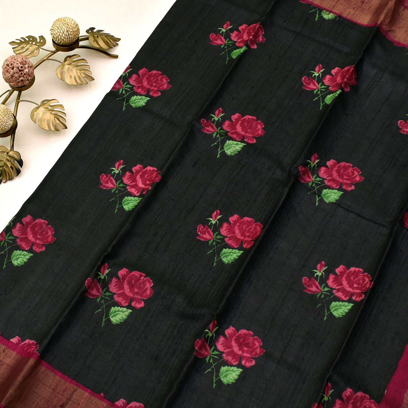 Black Tussar Silk Saree with floral designs 