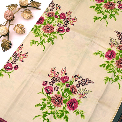 Off White Printed Kanchipuram Silk Saree with V Pakku Big Checks Pallu Design